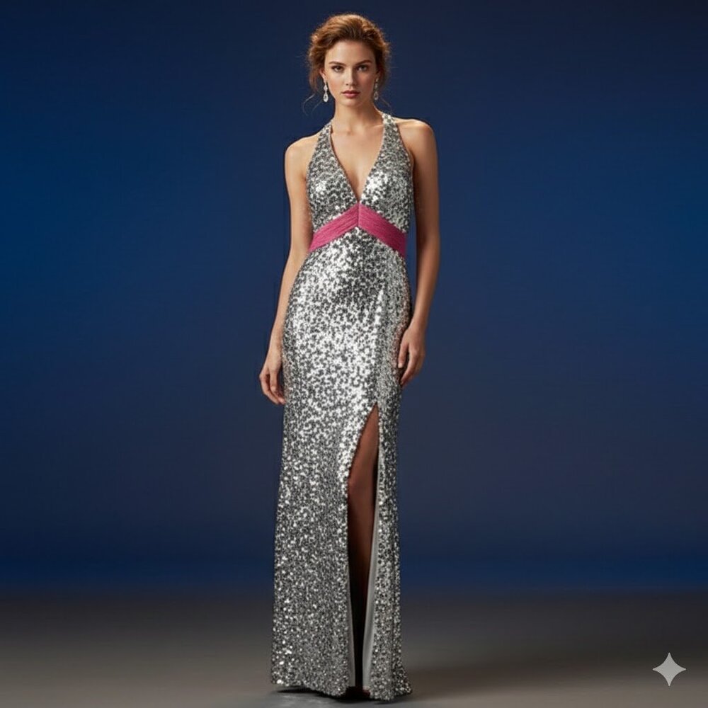 Tiffany Designs Glittering Silver Gown with Pink Accent